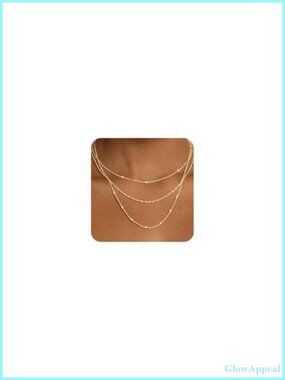 Layered 14k Gold Plated Necklace Set 3 Pc Stackable Wave Satellite Clip Chain